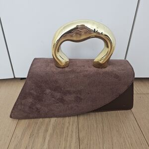 Elegant Brown Suede Handbag with Gold Accent Handle NEW